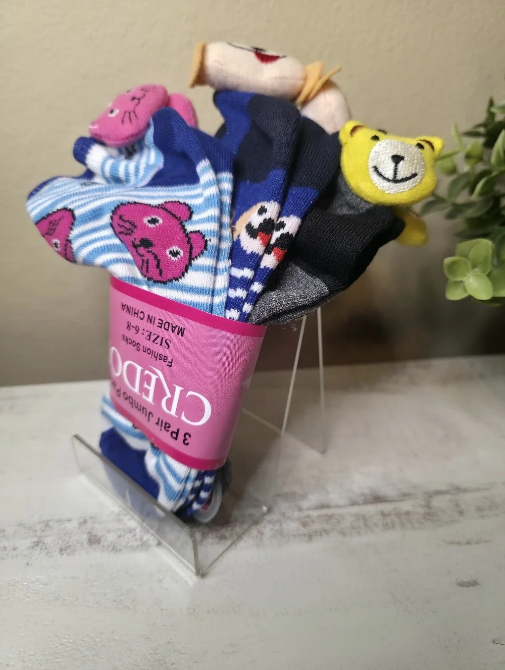 Pattern Crew Socks - Blue & Pink - 3 Pair Pack